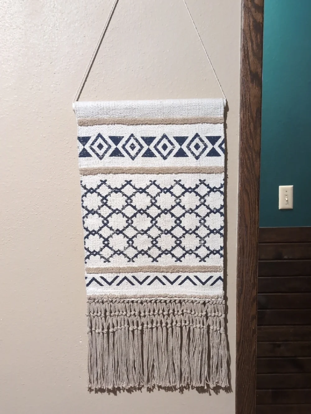 Neutral and Navy Aztec Macramé Wall Hanging - Picture 1 of 4